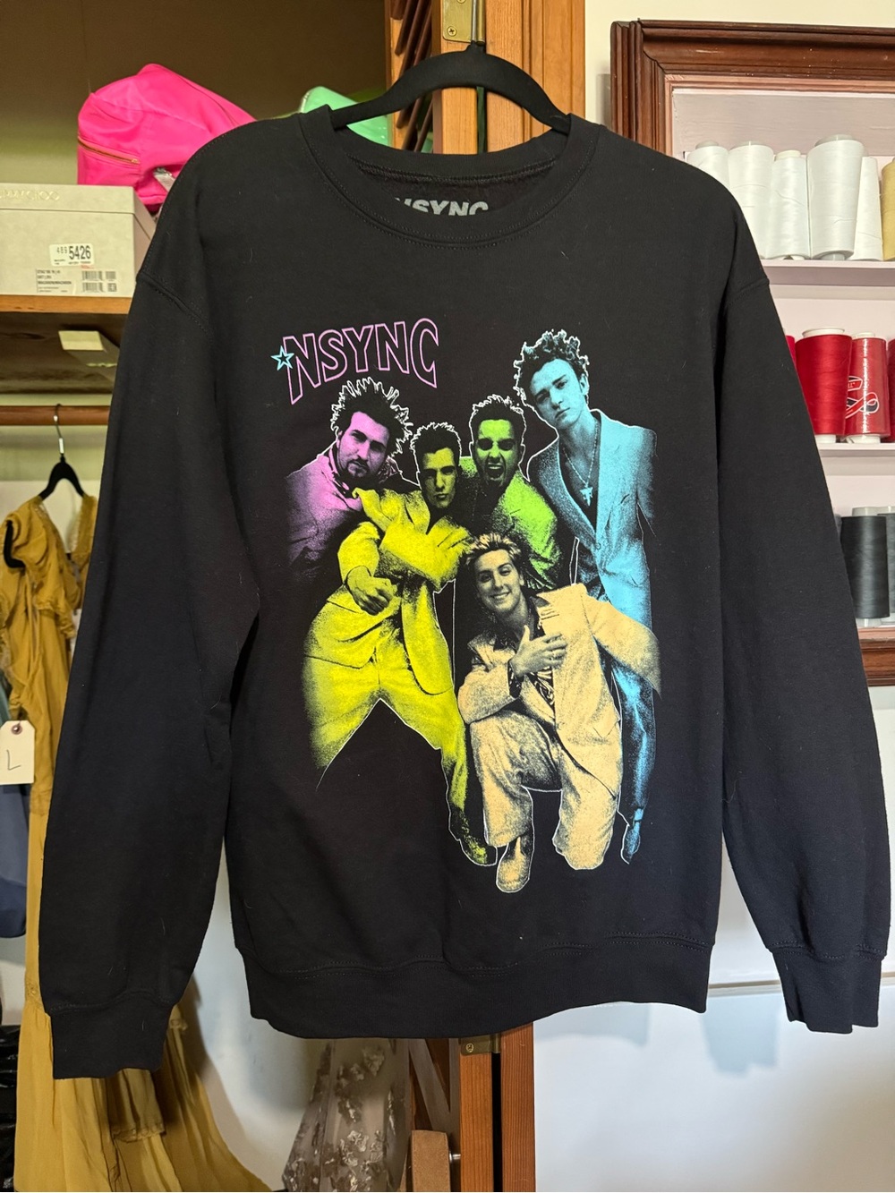 Black Graphic Crewneck Sweatshirt with Neon Band Print